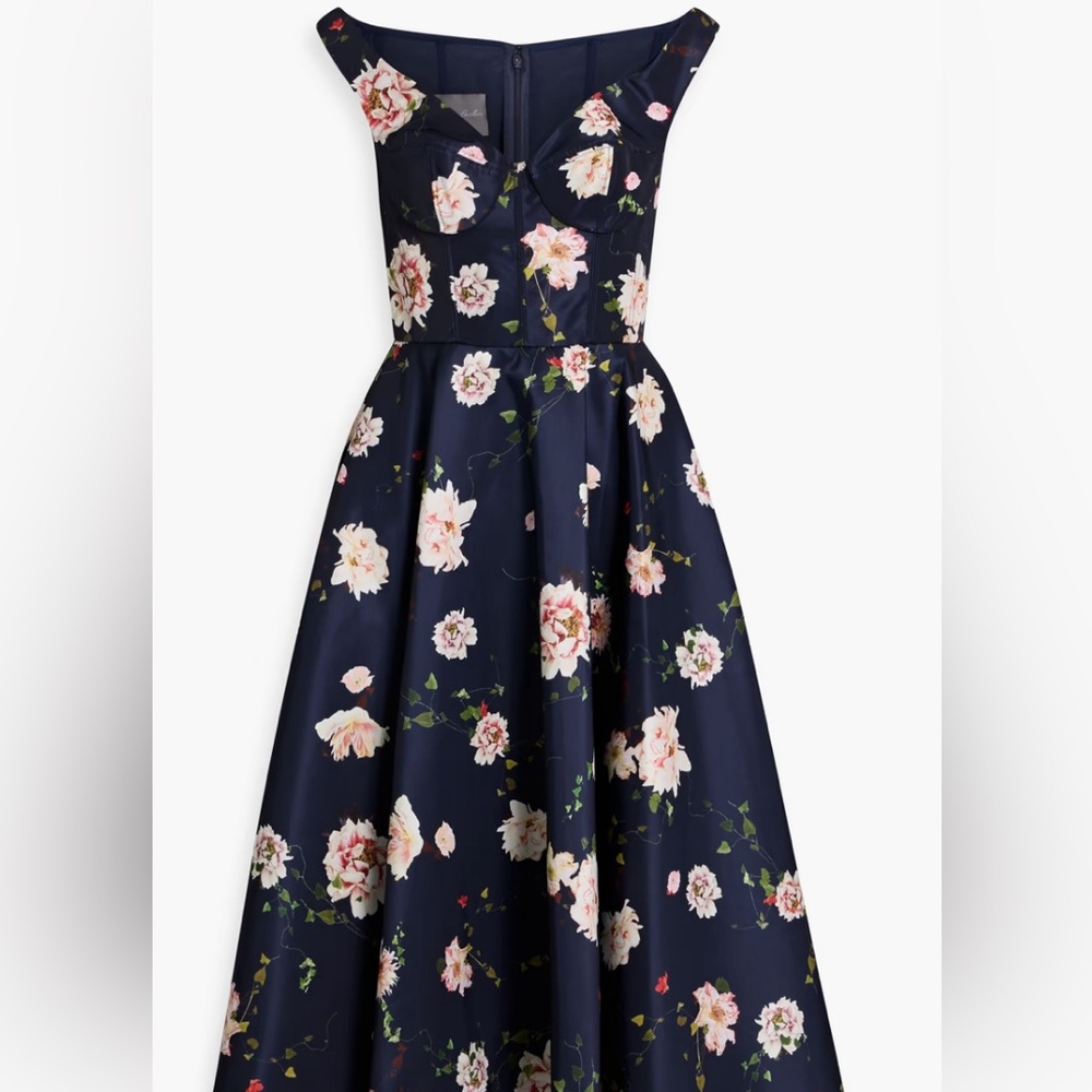 Monique Lhuillier Collection Navy Floral Off the Shoulder $3995 Midi Dress